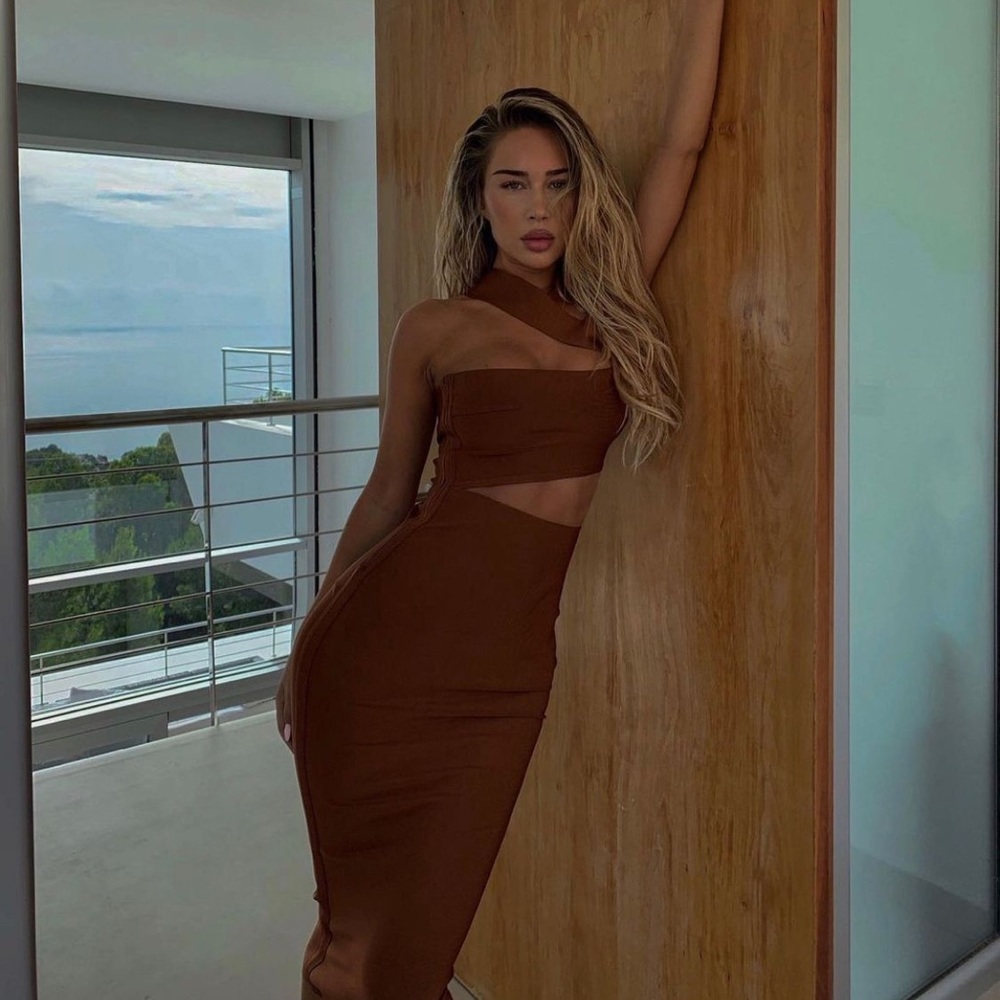 NWOT HOUSE OF CB AINA BROWN BANDAGE DRESS - Picture 5 of 11